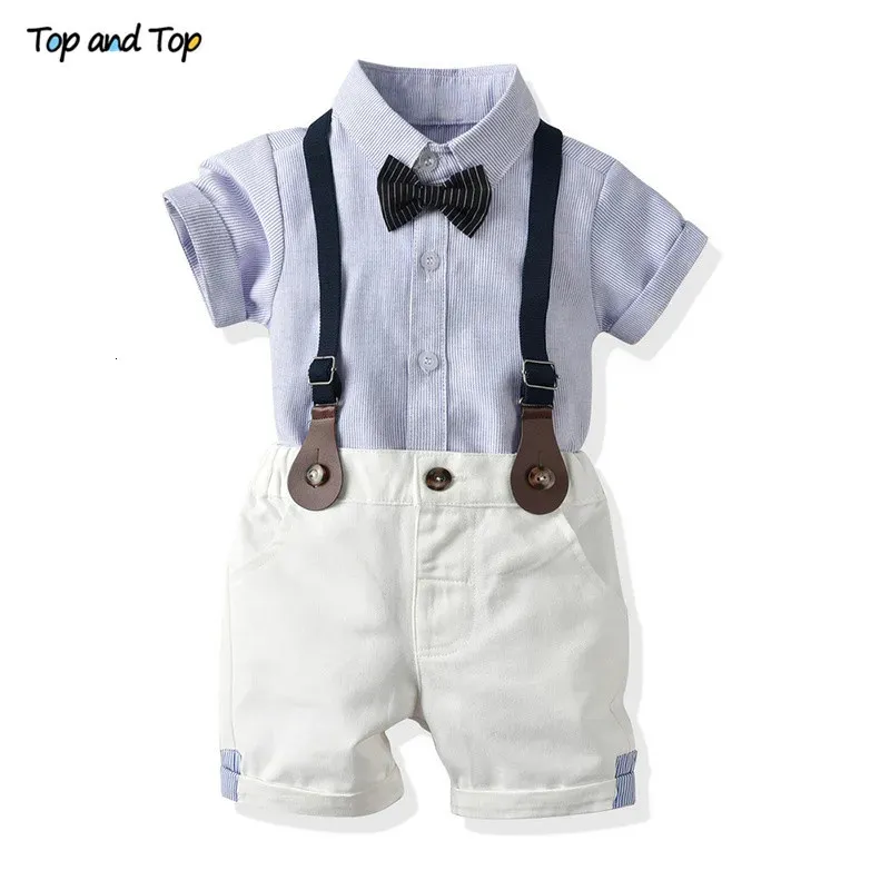 Conjuntos de roupas Top e Top Conjunto de Roupas Infantis Cavalheiro Camisa de Manga Curta + Shorts de Suspensão 2 PCS Conjunto de Roupas para Meninos Recém-nascidos Conjunto 231114