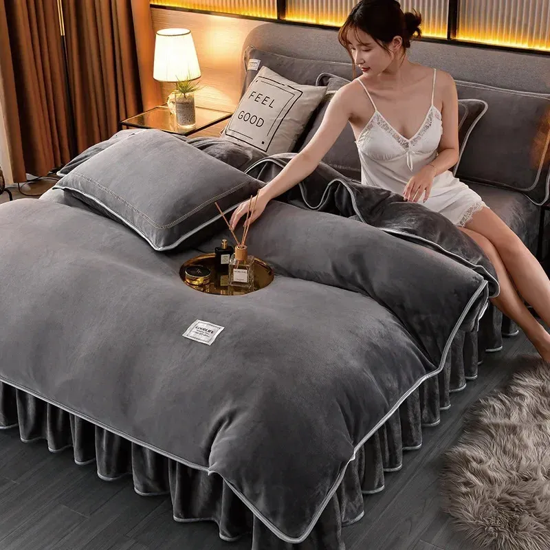 Winter Velvet Bedding Set Thickened Milk Velvet Bed Skirt With