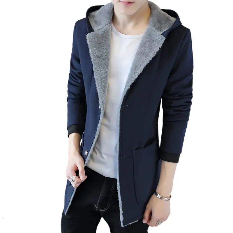 メンズジャケットウォームフードコートを備えた冬の男性ファッションのカシミアジャケットフーディートレンチプラスサイズマンブラック231113
