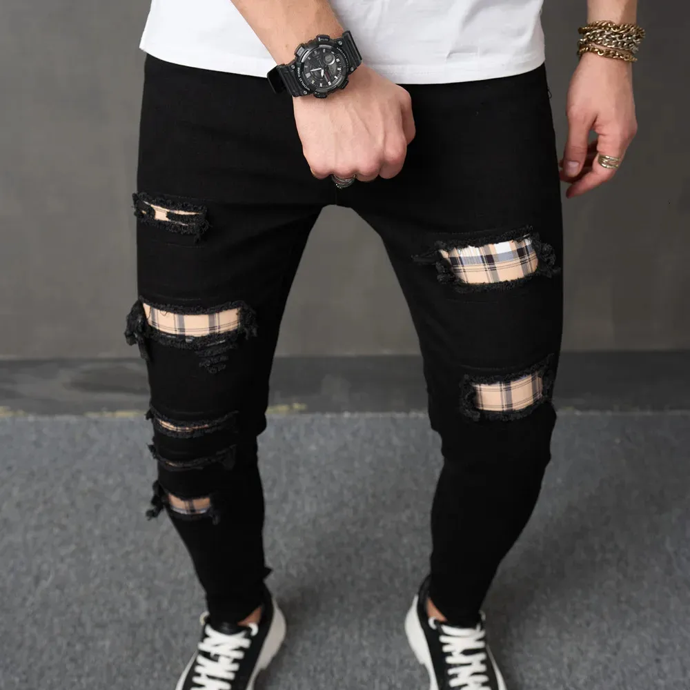 Men S Jeans Men Streetwear Raped Patch Slim Spoders Stylowe męskie dziury swobodne pensa dżinsowe ołówek 231113