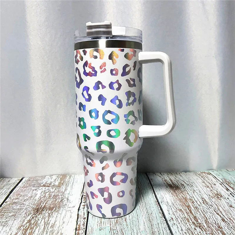 UV Leopard 40oz Handle Tumblers 1200ml Stainless Steel Water Bottles Colorful Drinking Cups Double Wall Insulated Tumbler Wholesale A12