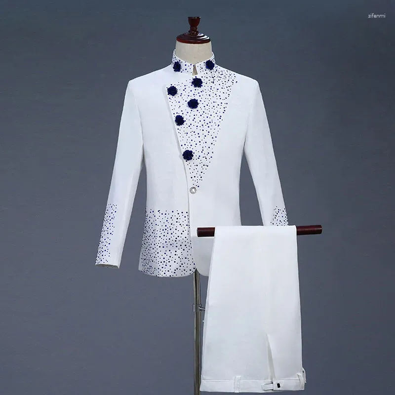 Costumes pour hommes tunique chinoise blazers costume hommes blanc bleu diamant veste mode décontractée boutique impression personnalisée marié smoking tissu