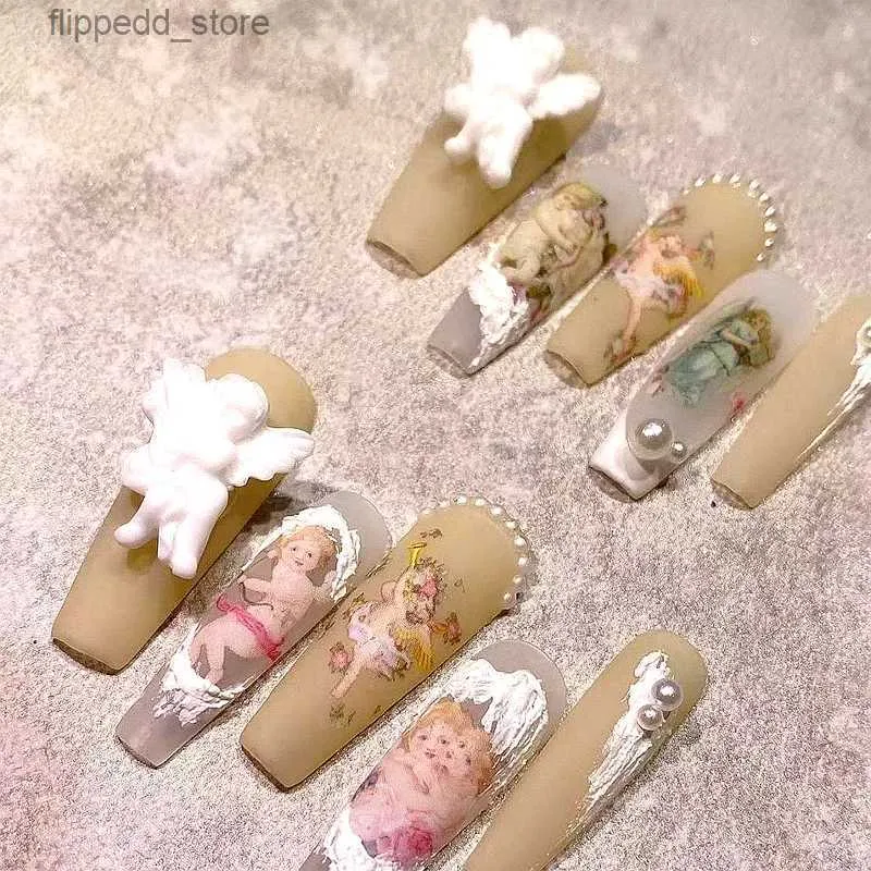 False Nails Baroque Angel Design Handmade False Nails Press On Nail Long Coffin Fake Nail With Glue Customized Reusable Nail Salon Tip Art Q231114