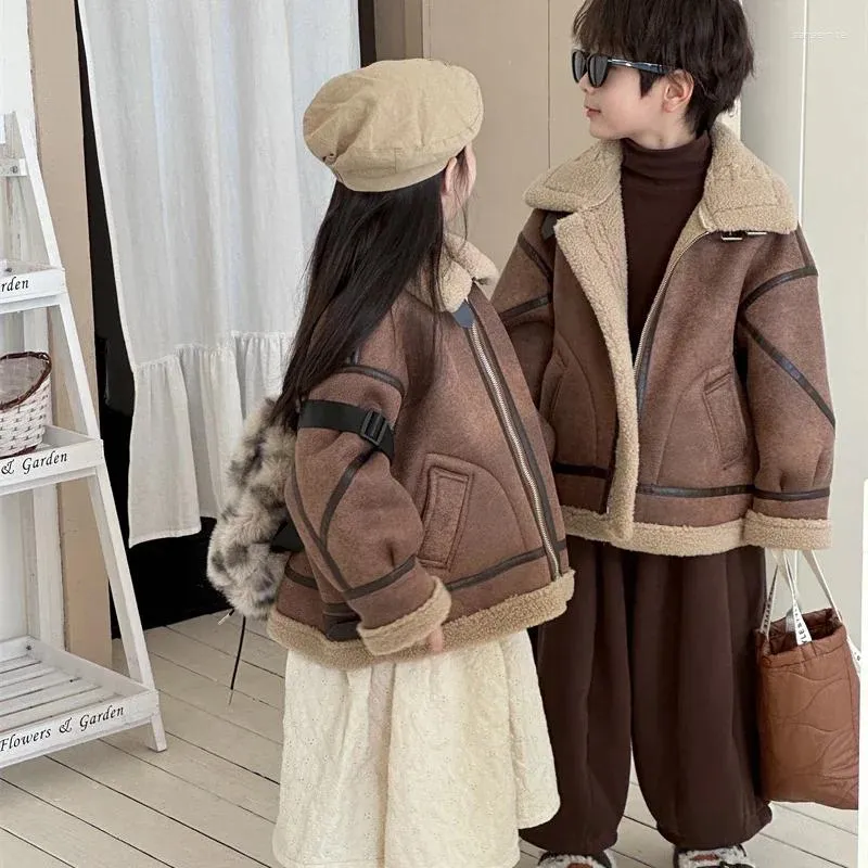 Jaquetas coreanas de pele integrada lambswool casaco quente jaqueta outerwear para menina menino crianças casacos de inverno roupas ao ar livre