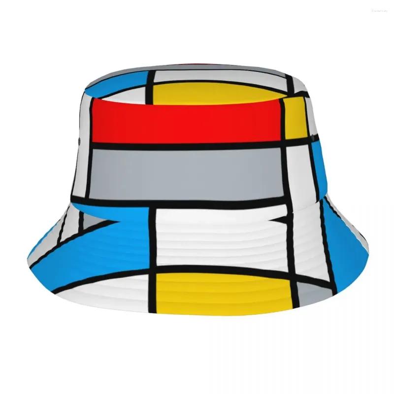 Berets Men Women Bob Hat Mondrian Composition Geometric Summer Headwear Packable Outdoor Sports Fishing Minimalism Art Gift
