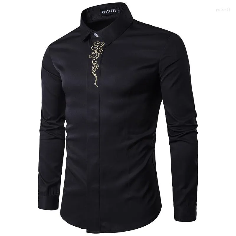 Men's Casual Shirts Black Embroidery Shirt Men 2023 Brand Slim Fit Long Sleeve Button Up Dress Mens Party Wedding Prom Tuxedo Camisas