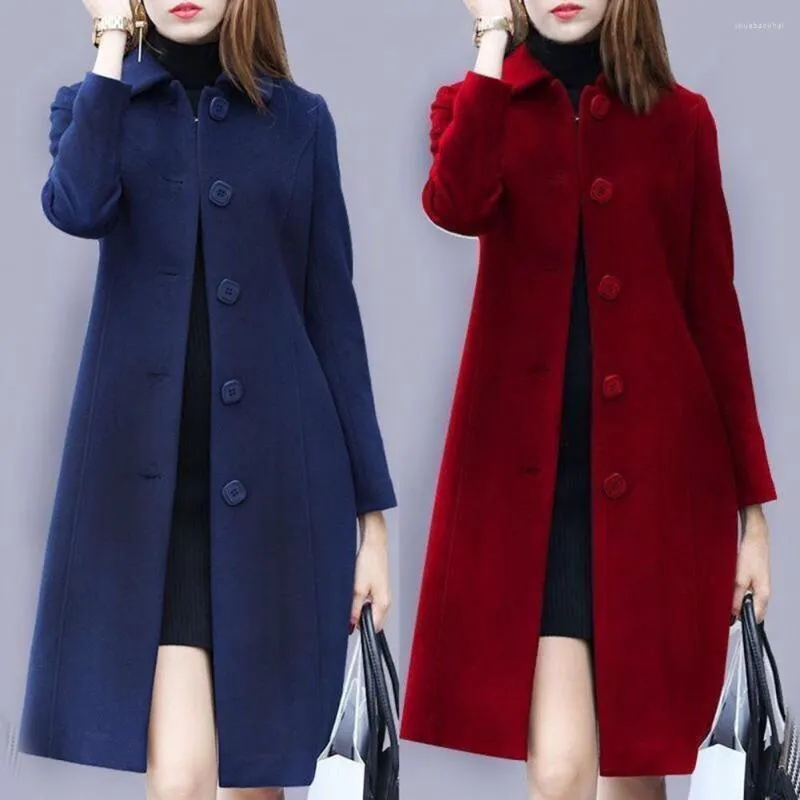 Kvinnorjackor S-4XL Autumn Women Coat Mid-Längd Single-Breasted Solid Color Turn-Down Collar Elegant Soft Plus Size Warm Winter Jacket