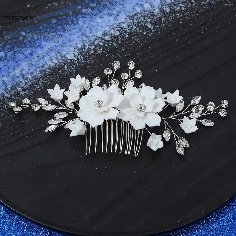 Haarspangen, Hochzeitskämme, weiße Keramik-Blumen-Designs, glitzernde Strass-Haarnadeln, Stirnbänder für Braut, Party, Schmuckzubehör