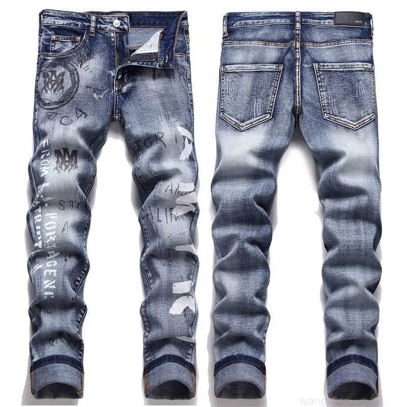 Xx9n Miri da uomo Jeans alla moda di alta qualità Stile cool Designer di lusso Pantalone strappato effetto consumato Biker viola Jean Slim Fit Moto