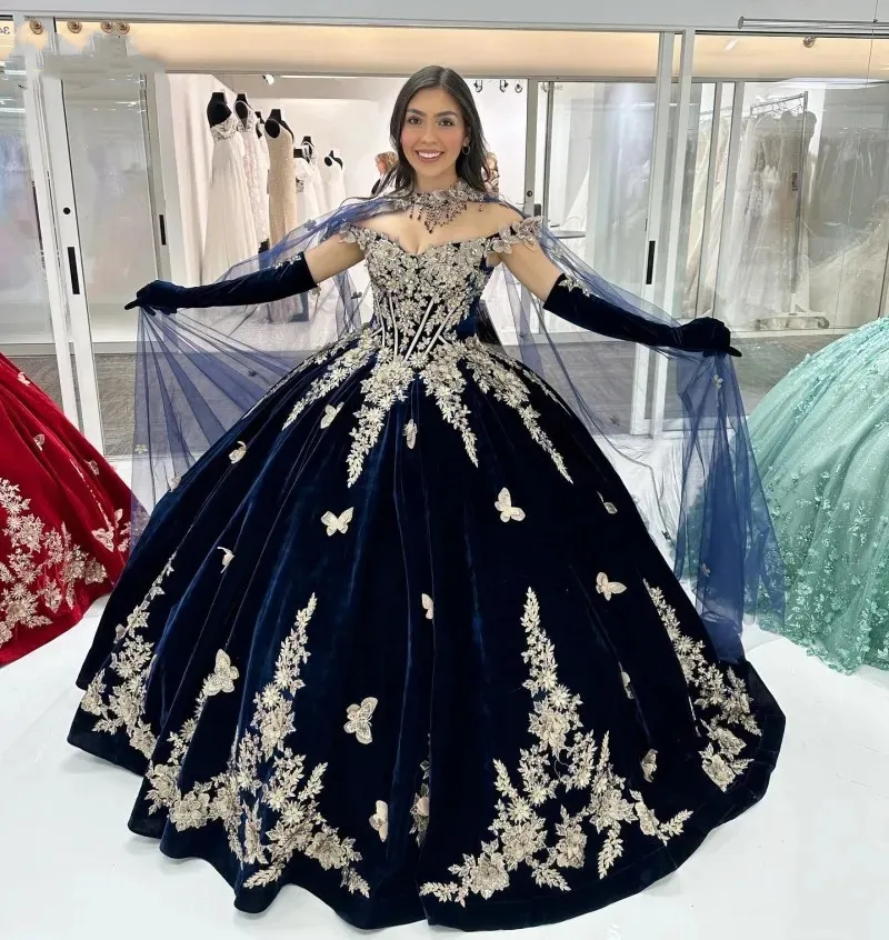 Vestidos elegantes de XV Anos Quinceanera vestidos com apliques de veludo de apliques de veludo, garotas mexicanas de 15º aniversário de festa de 15 anos 2023