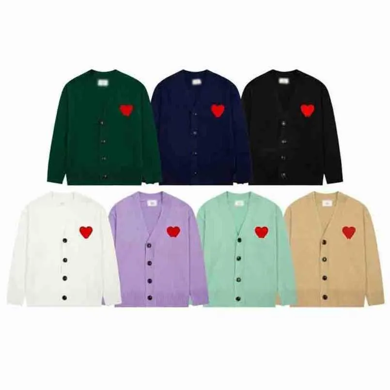 Amisweaterパリファッションメンズデザイナーニット刺繍レッドハートカーディガンカジュアルルーズ服