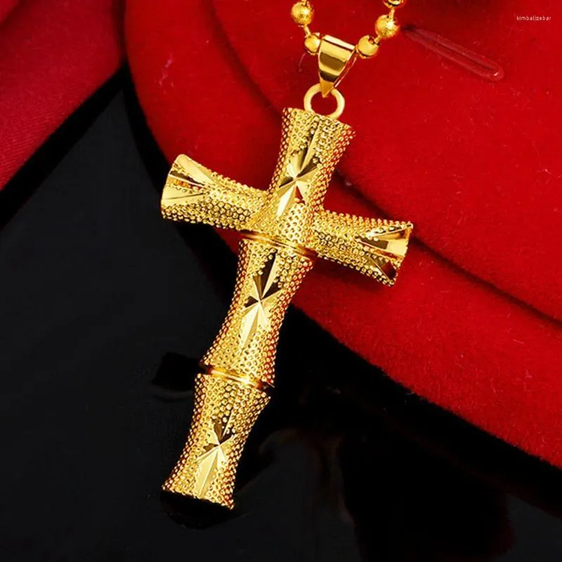 Pendant Necklaces Bamboo Cross With Wave Chain For Women Men Girl Yellow Gold Color Classic Fashion Jewelry
