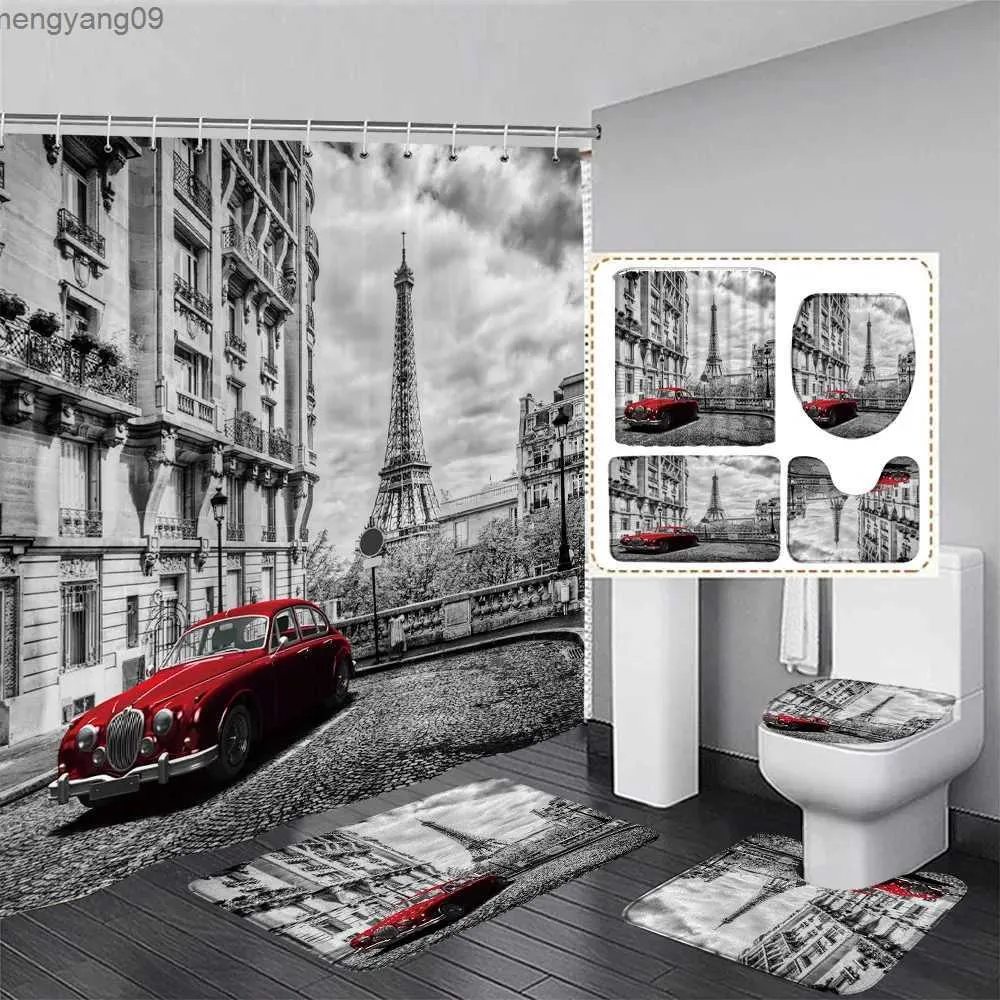 Rideaux de douche Cabine téléphonique rouge ensemble de rideau de douche Vintage Bus Londres rue paysage maison salle de bain décor tapis de bain tapis de bain couverture de toilette R231114