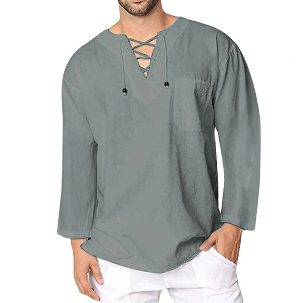 Mens Tshirts KB Cotton Linen Shirt Men Brand Långärmad avslappnad snörning Skjortor Lätt andas andningsblus Chemise 230414