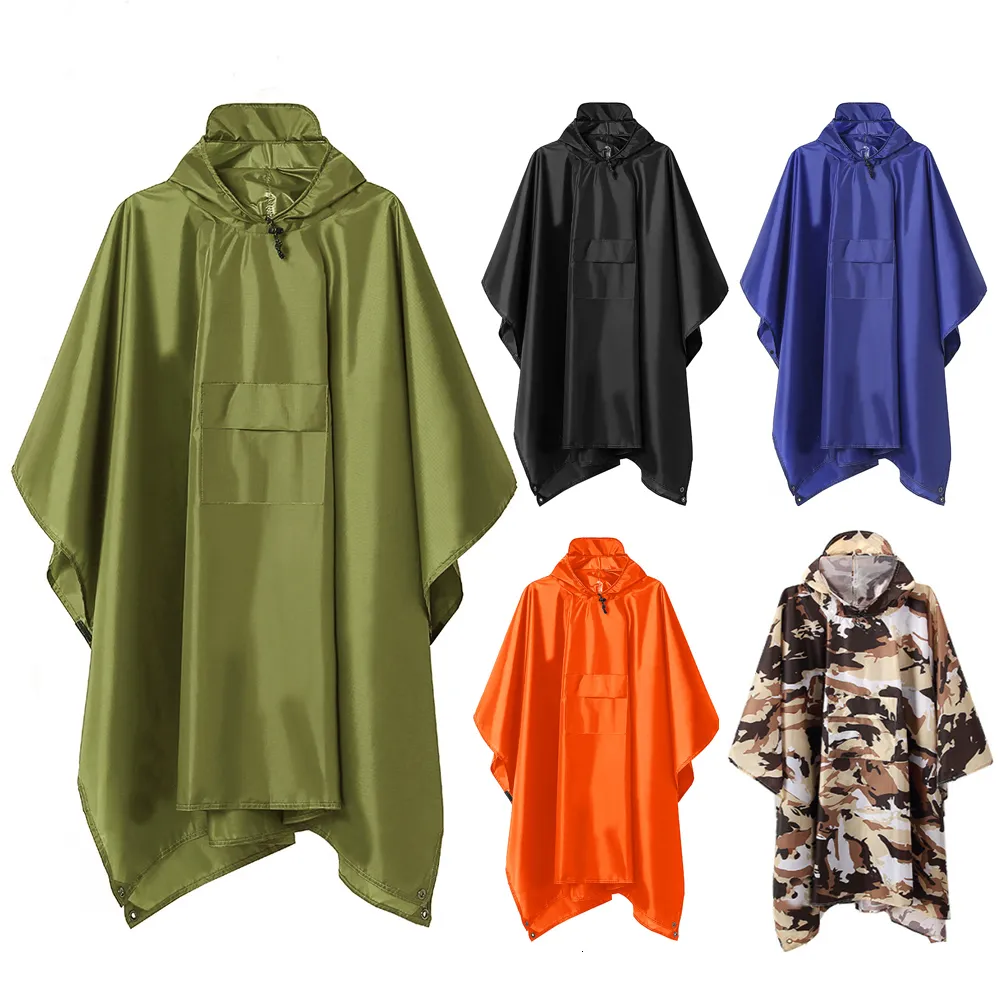 Impermeabili 3 in 1 Poncho con cappuccio militare da esterno Giacca impermeabile impermeabile per uomo Donna Tenda da esterno Tappetino da picnic Moto Poncho da pioggia 230414