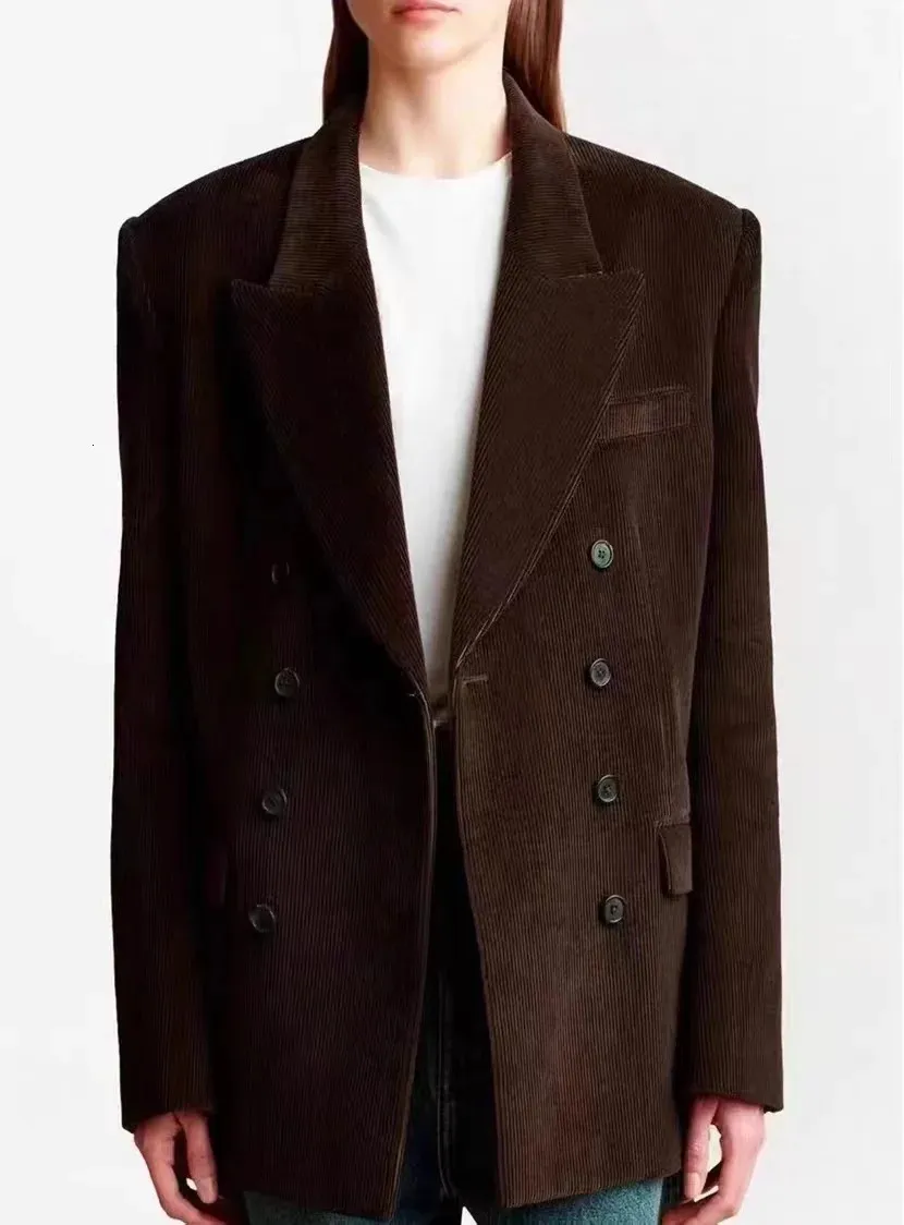 Wool Blends Women Winter Jacket Corduroy Płaszcz Blezer Dark Brown Turndown Collar Class