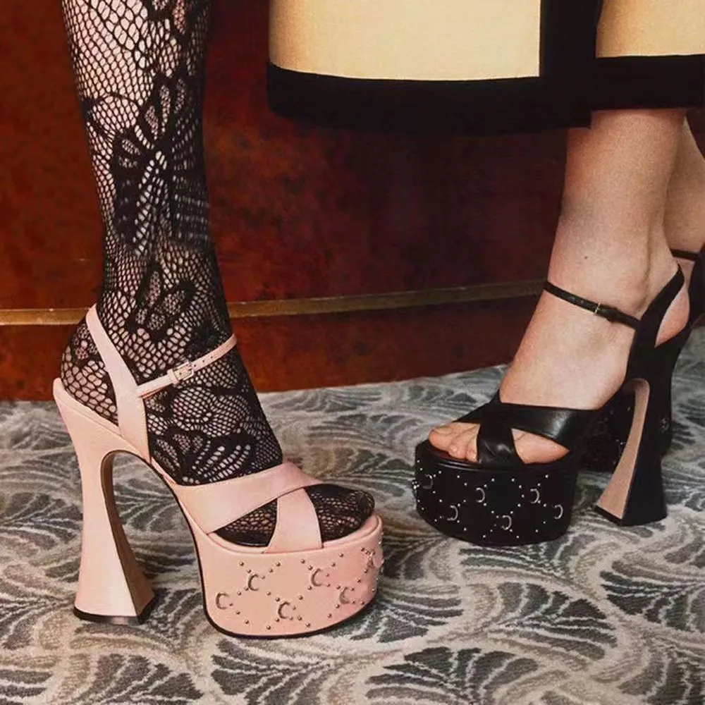 방수 플랫폼 샌들 크로스 발목 스트랩 말굽 개방형 드레스 신발 럭셔리 디자이너 하이 신발 여성 파티 공장 신발