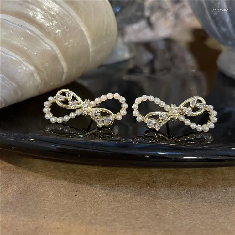 Stud Earrings Korean Design Ins High Quality Rhinestone Pearl Bow Small Girl Super Fairy For Girls Jewelry.