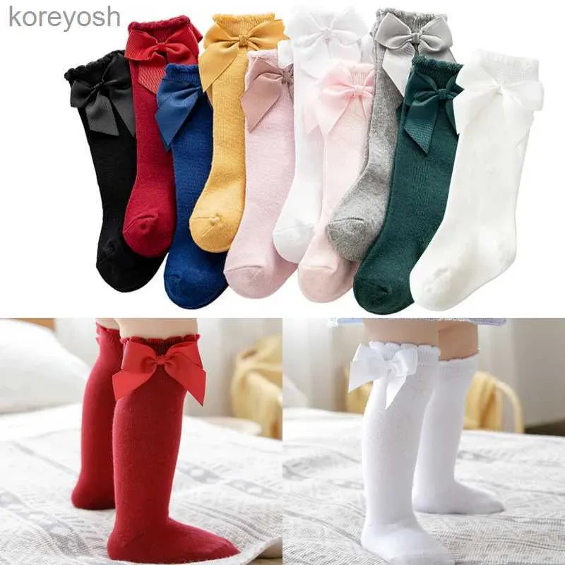 Детские носки для новорожденных девочек с большим бантом до колена, длинные, мягкие, из 100% хлопка, кружевные носки, детские носки для детей от 0 до 5 летL231114
