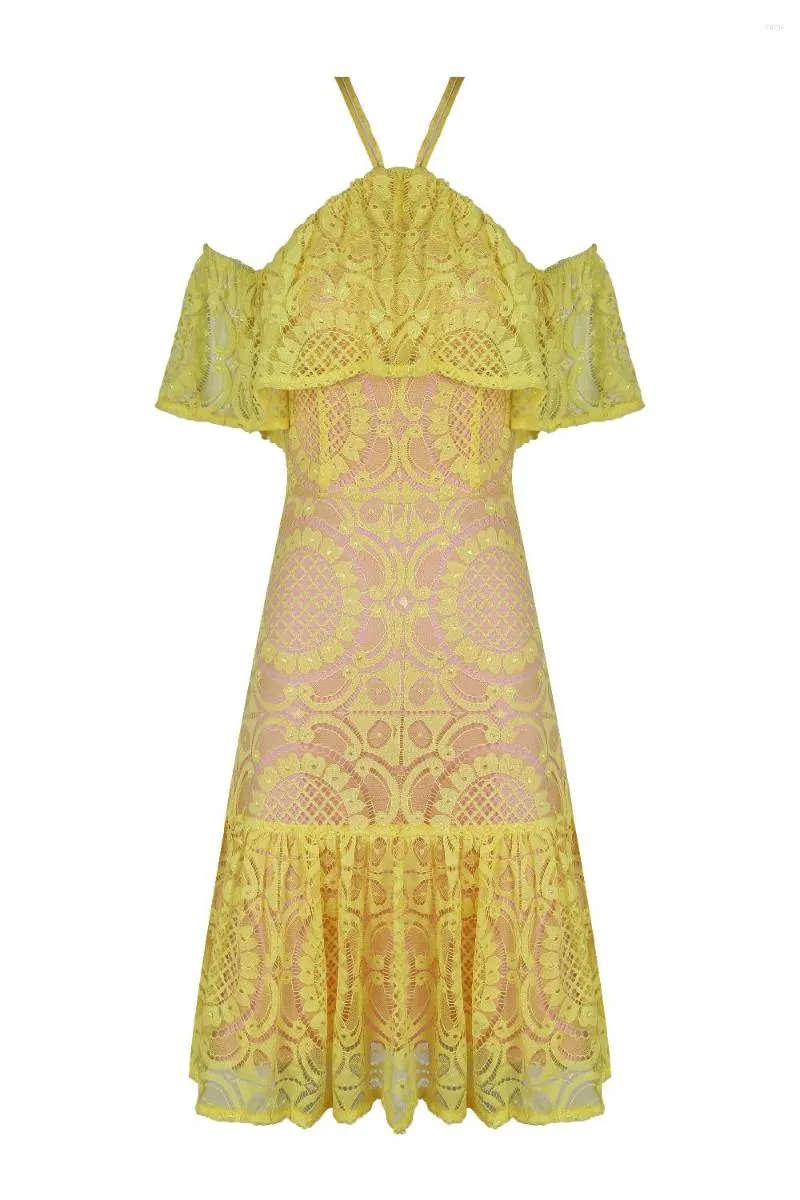 Casual Dresses High Quality Chic Elegant Lace Sexy Yellow Halter Celebrity Women Club Party Dress