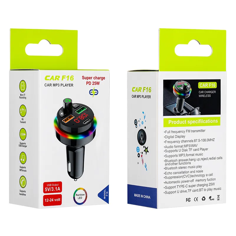 F16 Mini universale per caricabatteria per auto Adattatore di alimentazione Bluetooth 5.0 Trasmettitore FM Lettore MP3 Auto QC3.0 Spina da 25 W per smartphone in scatola al minuto