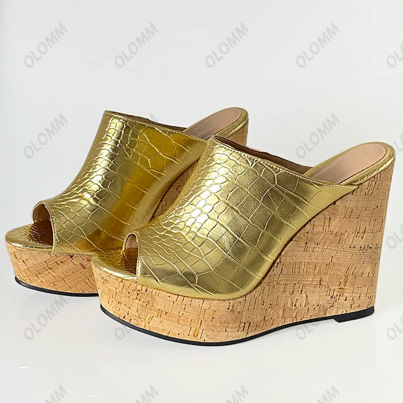Olomm Handmade Women Platform Mules Sandals Slippers Wedges Heels Peep Toe Gorgeous Gold Silver Night Club Shoesサイズ5-20