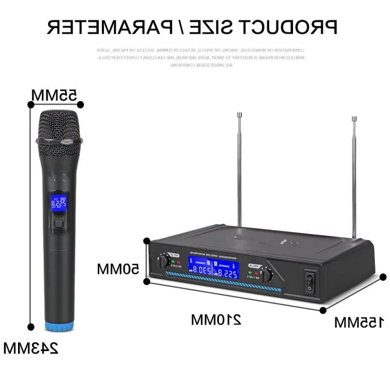 Freeshipping microfone sem fio 2 canais vHF Microfone portátil profissional para festa karaokê igreja show reunião Hmgkk