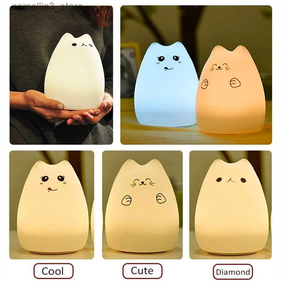 Nattlampor Silikon Touch Sensor Led Night Light For Children Baby Kids 7 Colors 2 Modes Cat USB Laddning LED Night Lamp Surface Touch Lamp Q231113
