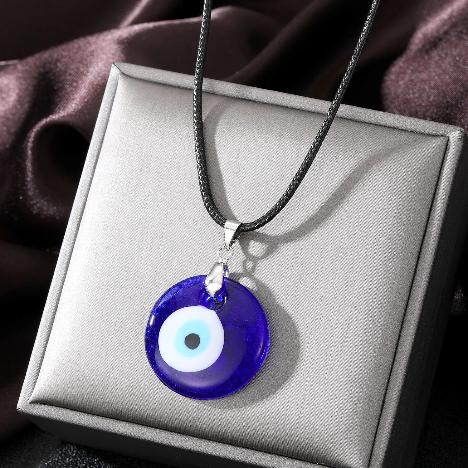 Turkish Eye Jewelry: Leather Rope Necklace With Blue Glass Pendant