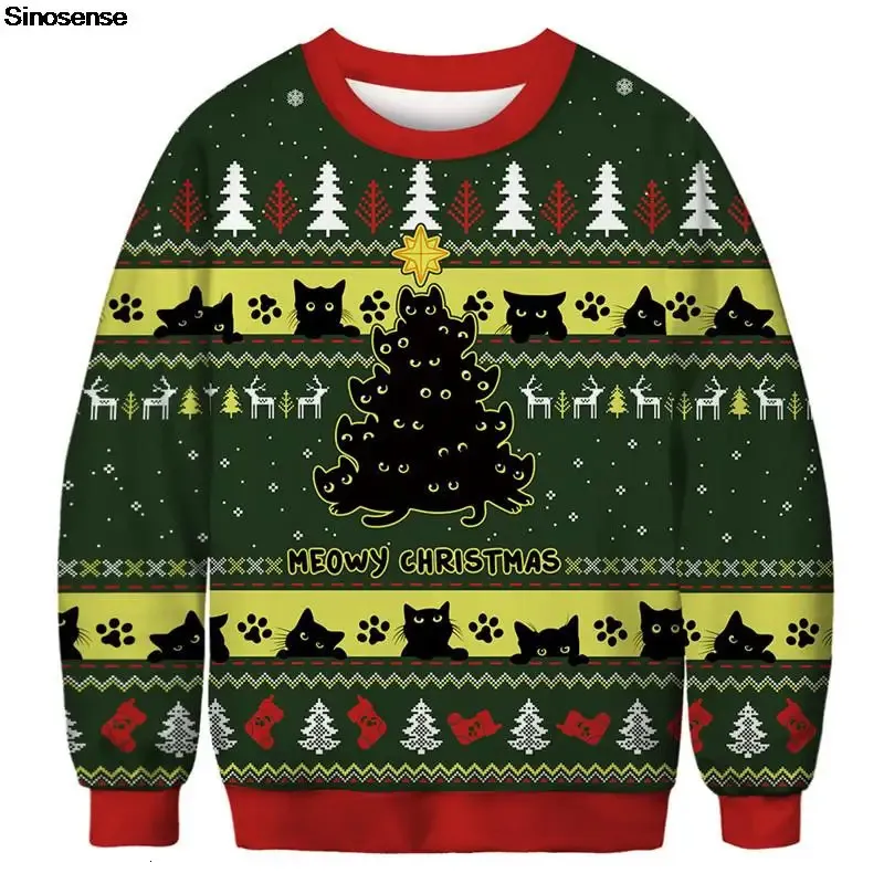 Мужские свитера Мужчины Женщины Уродливый рождественский свитер Tacky Xmas Jumper Tops 3D Tree Sock Cat оленей с принтом Праздничная вечеринка Толстовка 231114