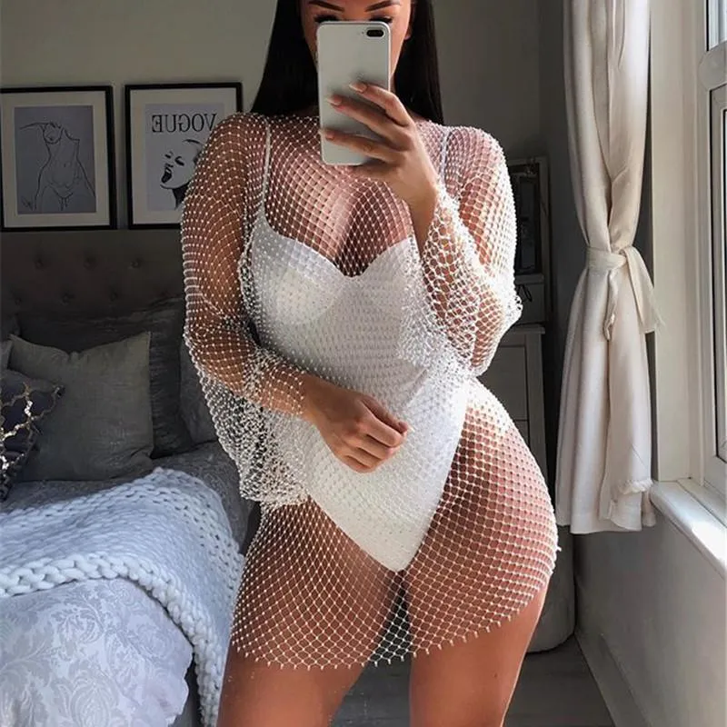 Casual Dresses Summer Diamonds Mesh Women Dress Wirchet Hollow Out Rhinestone Long Sleeve Party Seeing-Through Wrap Mini