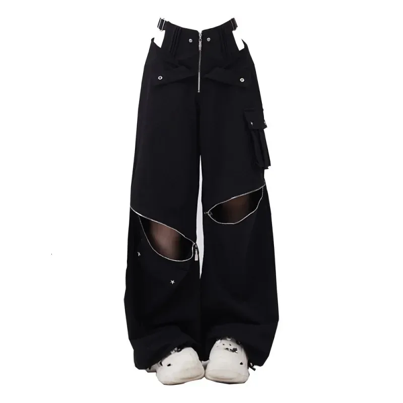 Women S Pants S Women Technwear HARAJUKU Y2K Hollow Out Casual Wide Noge Spodni American Hip Hop Zipper 231114