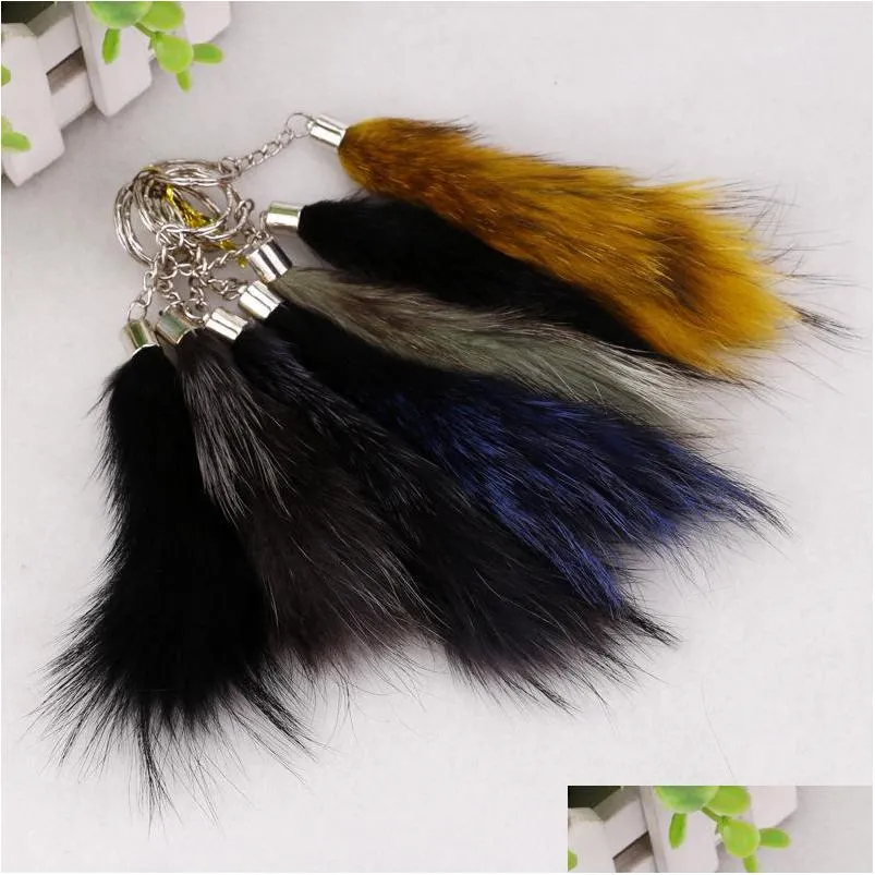 سلاسل المفاتيح Lanyards Tail -keychain Long Real Plush Handbag Charm Charm Keyring Pendant Holiday Party Gift Drop