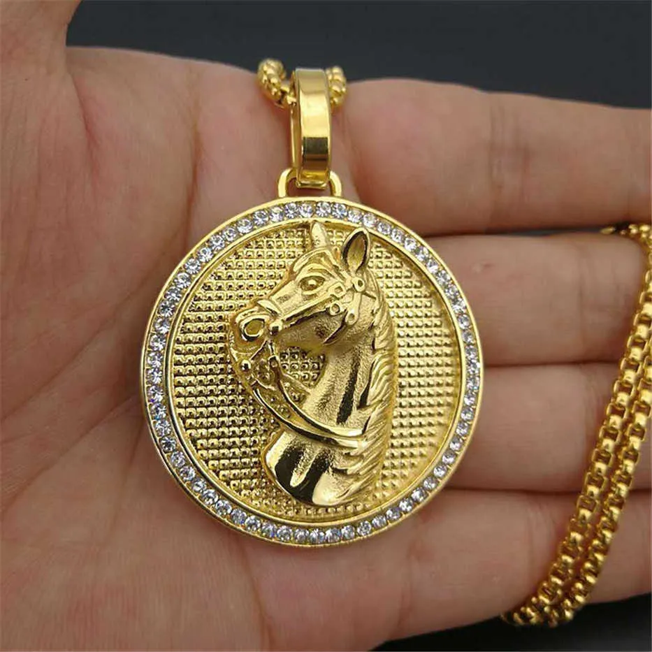 Pendant Necklaces Jockey Club Horse Head Pendants Necklaces For Women/Men Gold Color Stainless Steel Round Coin Iced Out Bling Hip Hop Jewelry T230413