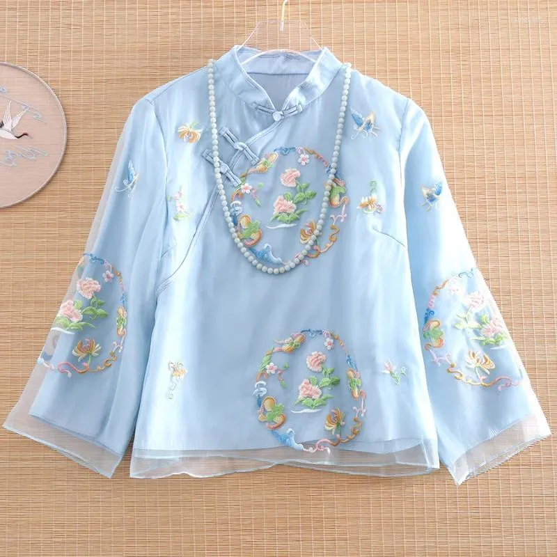 Ethnic Clothing High-end Spring And Summer Chinese Style Embroidery Organza Blouse Shirt Women Fashion Elegant Loose Lady Top S-XXL