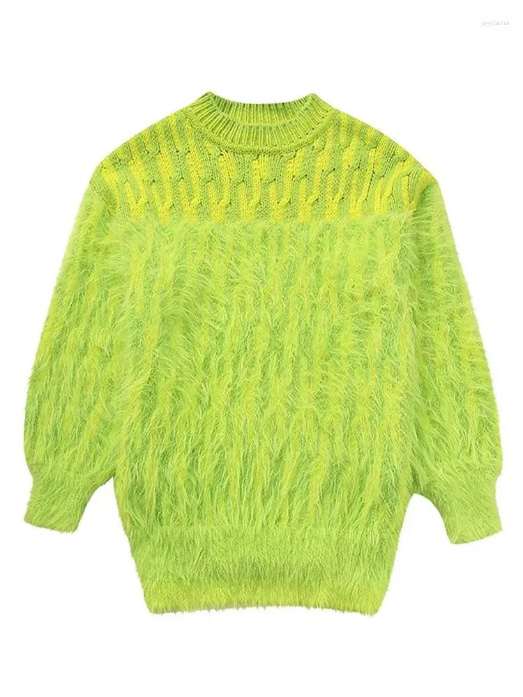 Kobiety swetry owłosiono dzianina Sweter Kobiety moda Jacquard zielona O Zielona O-Neck Autumn Winter Pullover żeńskie topy z długim rękawem miękkie impreza