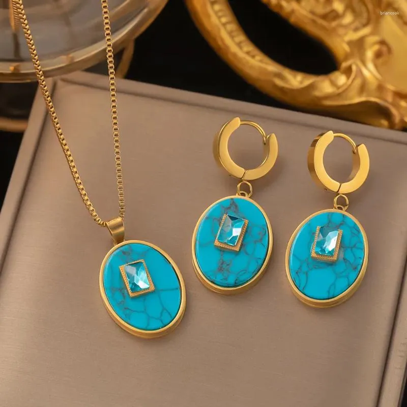 Halskette-Ohrringe-Set, blauer Kristall, Titan, Edelstahl, Schmuck für Frauen und Mädchen, ovale Tropfen-Baumkette, hypoallergen