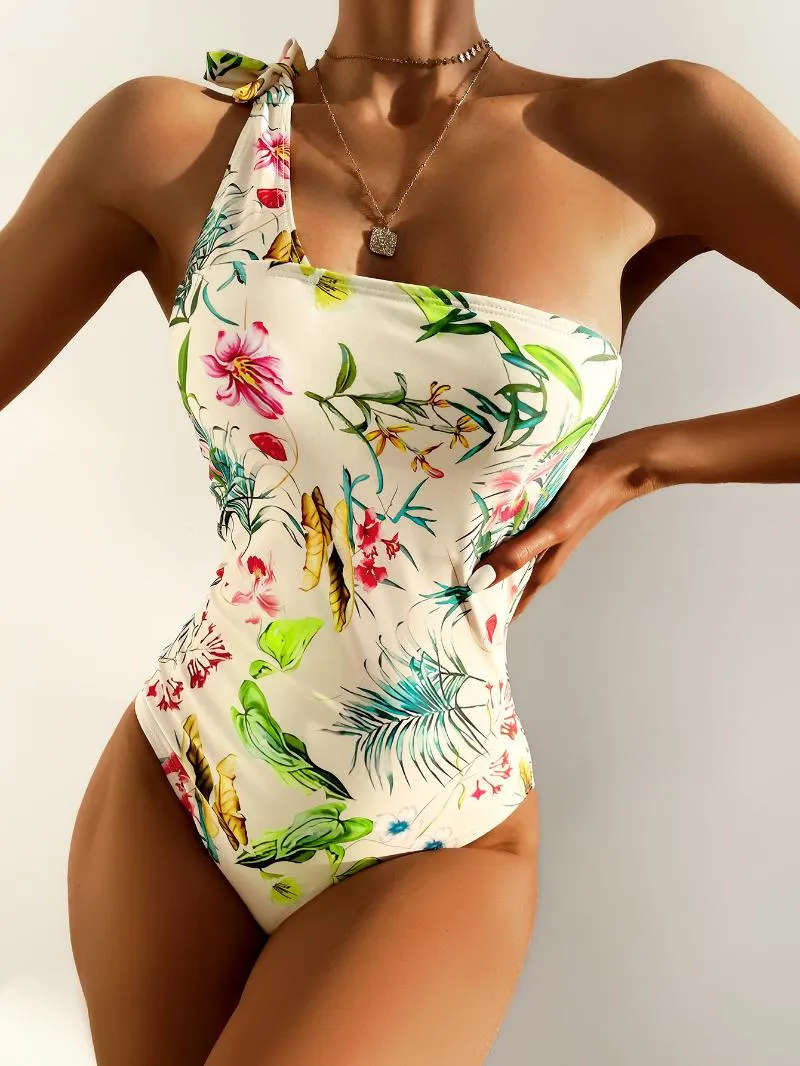 Women's Swimwear Swimsuit European And American One-Piece Backless Sexy One-Shoulder Printed Belly-Covering Bikini Female