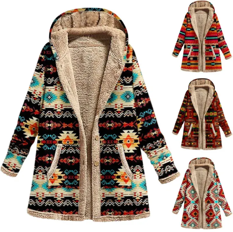 Womens Wool Blends Winter Cotton Hemp Printed Hooded Sweater Warm Plush Coat 231113