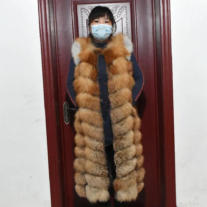 Vestes d'hiver en fourrure rouge pour femme, gilet long et allongé, naturel, 231113