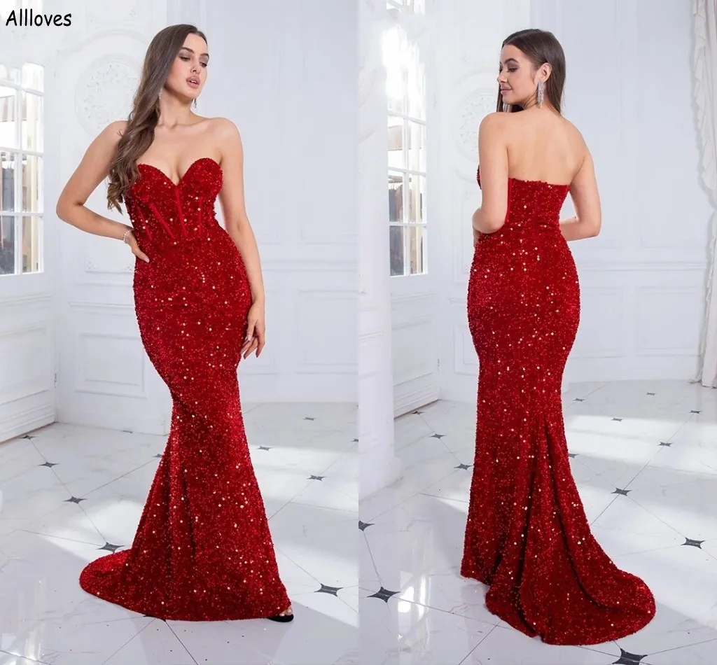 Glittery Red Sequined Plus Size Evening Dresses Sweetheart Corset Backless Special Occasion Party Gowns For Women Long Mermaid Formal Prom Vestidos De Festa CL2163