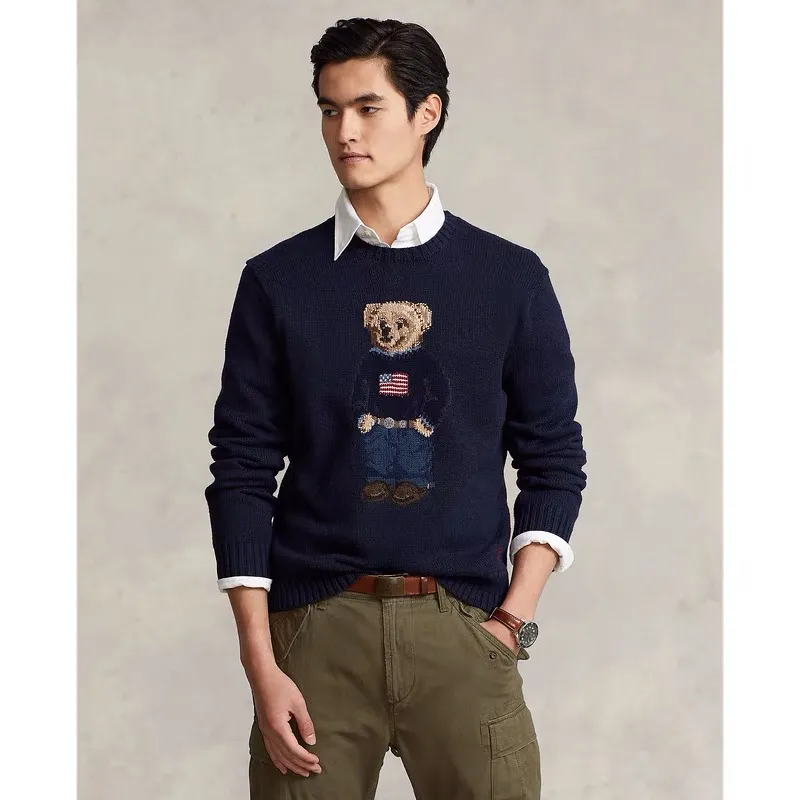polo-t-shirts för herrkläder, vävning av små björnmönster, enfärgad casual stickad tröja