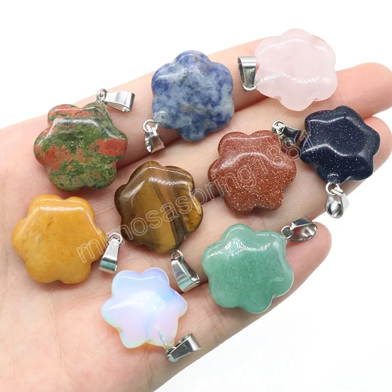 Flower Natural Stone Pendant Rose Quartz Opal Agate Polished Gemstone Crystals Charms for Jewelry Making Necklace Earrings