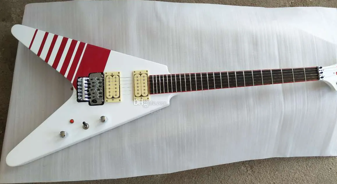 Jack Kill Switch Buckethead Signature Alpine White V Guitarra Elétrica Vermelho Arcade Button Barítono Pescoço 24 Trastes Jumbo Sem incrustação Red Neck Binding Floyd Rose Tremolo