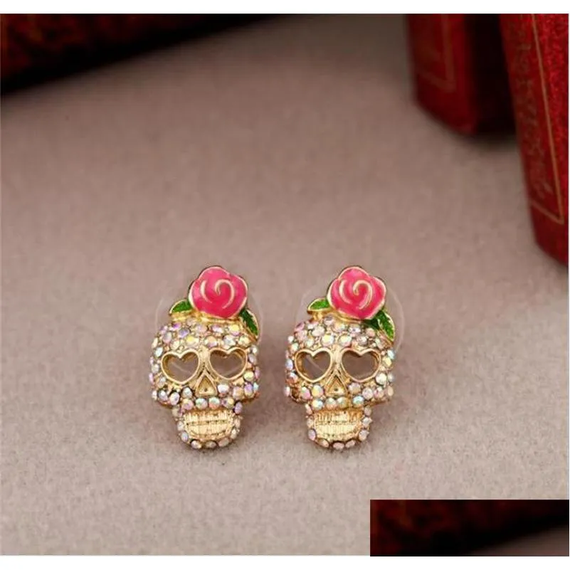 Stud Cute Pink Rose Skl Ear Studs Rhinestone Skeleton oorbellen Fashion sieraden voor vrouw