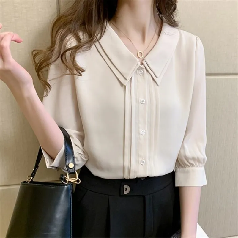 Kvinnors blusar skjortor Summer Korean Half Sleeve Peter Pan Collar Button Chiffon Women Blus Shirts Topps Female School Uniform Girls Shirt JW9977 230414