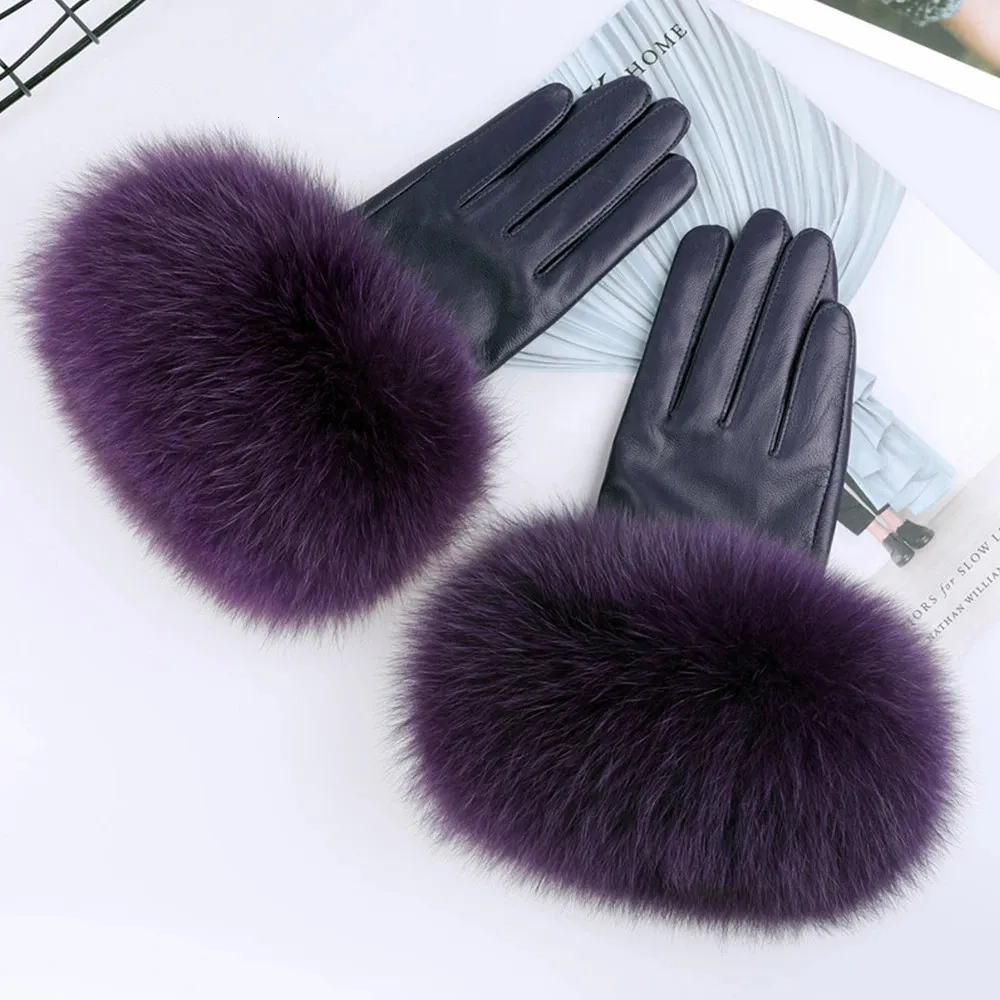 Перчатки с пятью пальцами из овчины, перчатки с отделкой из натурального лисьего меха, женские перчатки из натуральной кожи, теплые перчатки для запястья, зимние теплые модные варежки, флисовая подкладка 231113