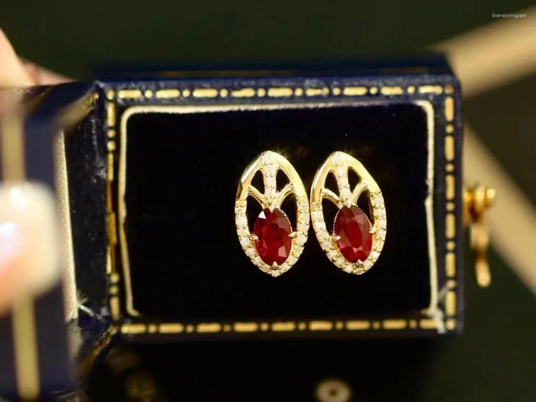 Stud Earrings Woman Fashion Jewelry AU750 18K Gold Ear Studs Ruby Diamonds