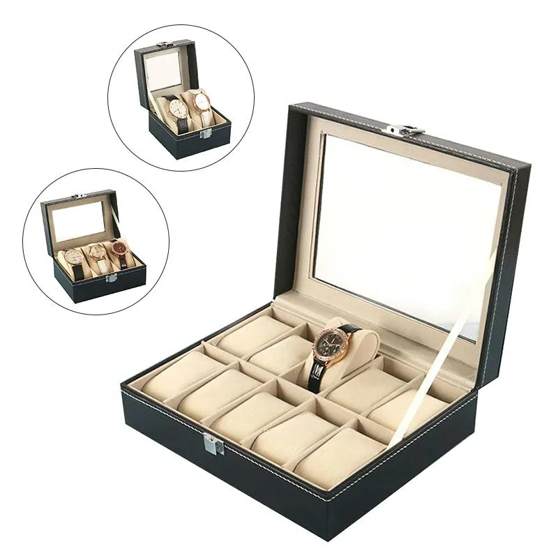 Titta på lådor Fall 2/3/10/12 Slots Storage Box Black Leather Organizer Mechanical Mens Watches Display Holder Jewelry Gift Case