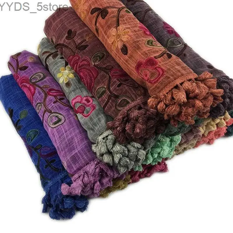 スカーフ女性綿ヒジャーブスカーフ温かい刺繍ソフトSHLフラワータッセルファッションイスラム教徒のヘッドバンドロングラップマフラーパシュミナバンダナYQ231114